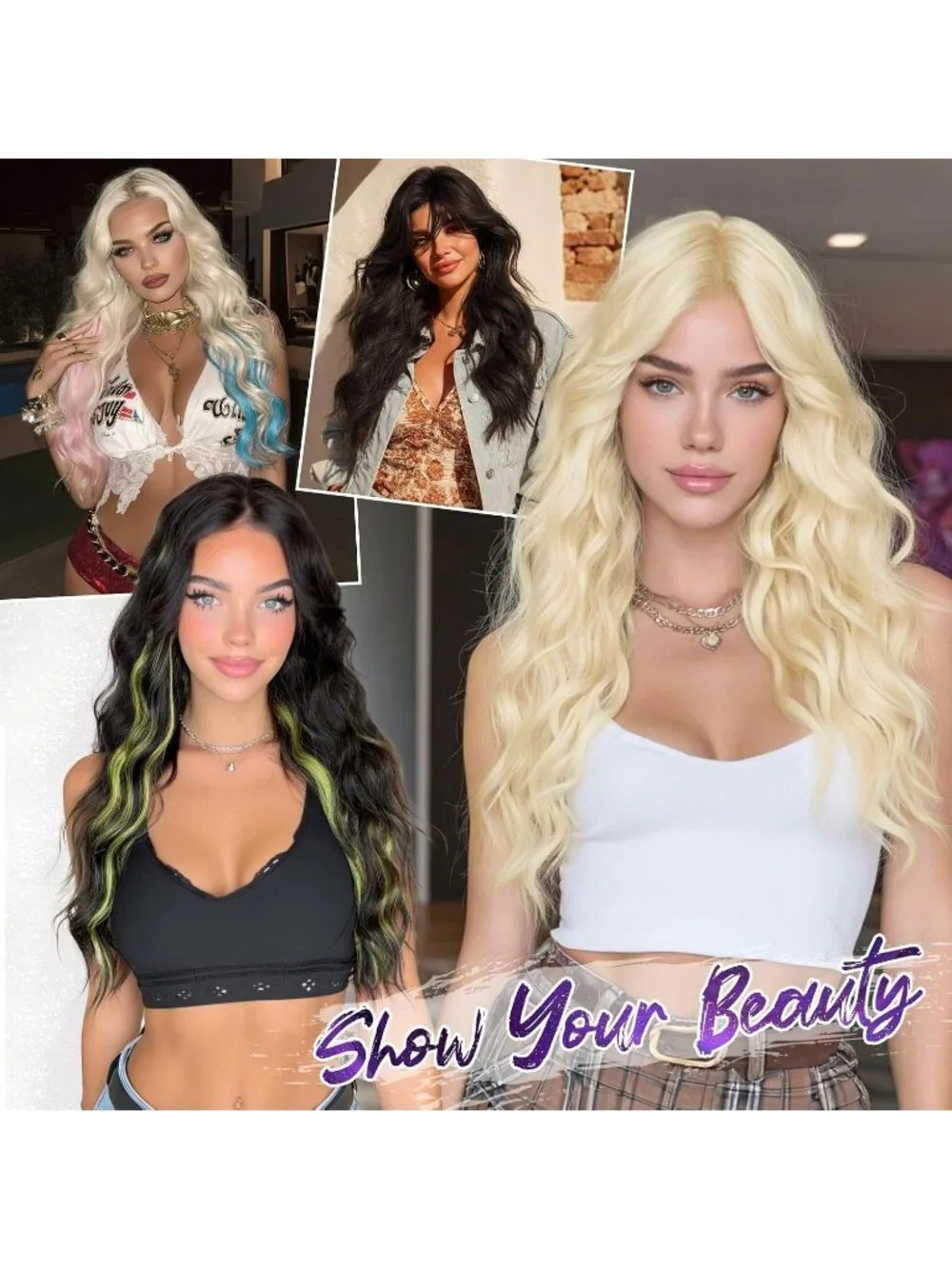 Women's Light Blonde 26 Inch Heat Resistant Curtain Bangs Long Wavy Wigs